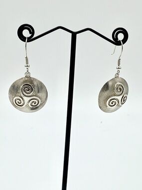 Silver Swirl Disc Drop Pierced Earrings